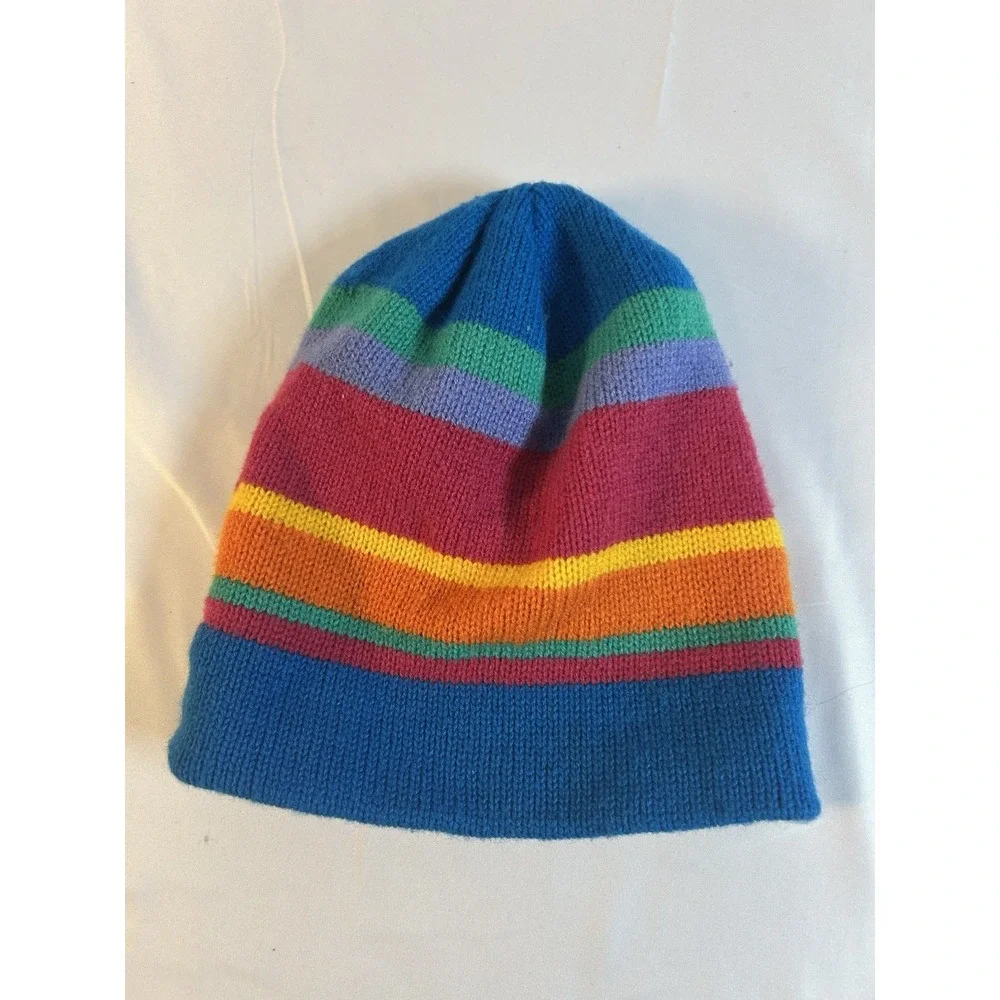 Vintage 80/90's Beanie Multicolor Striped Knit Youth Sz 7/14 Acrylic Wool Retro